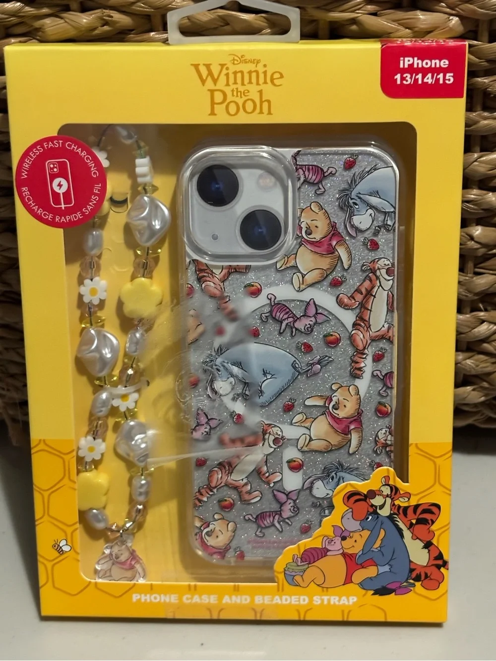 Disney Winnie the Pooh Clear Glitter iPhone Case for iPhone 13/14/15 w/ strap